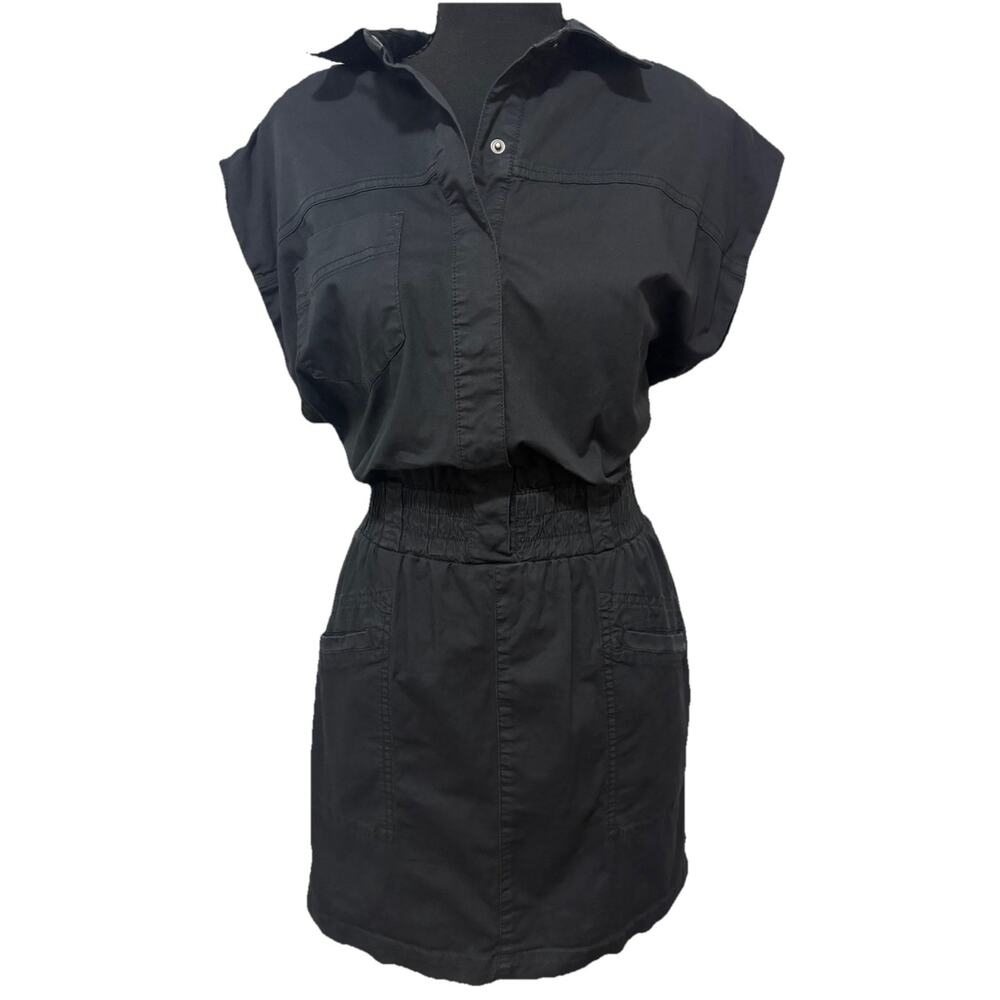 Pistola Black Utility Shirt Dress Womens Small Snap Front Elastic Waist Mini